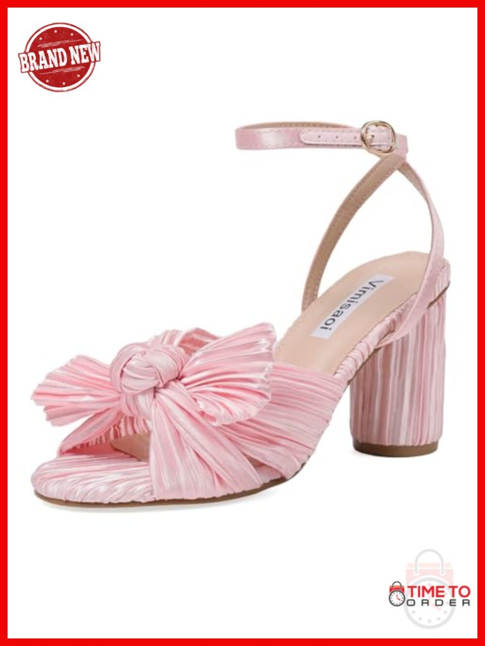 Bow Pleated Heeled Sandals Open Toe Block Chunky Heel Ankle Strap